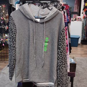 Grey Hoodie with Leopard Print Arms from Wake & Wear, size Large